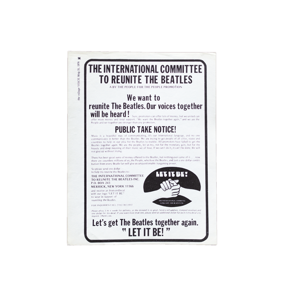 The Beatles -- International Committee To Reunite the Beatles [Other Ephemera]