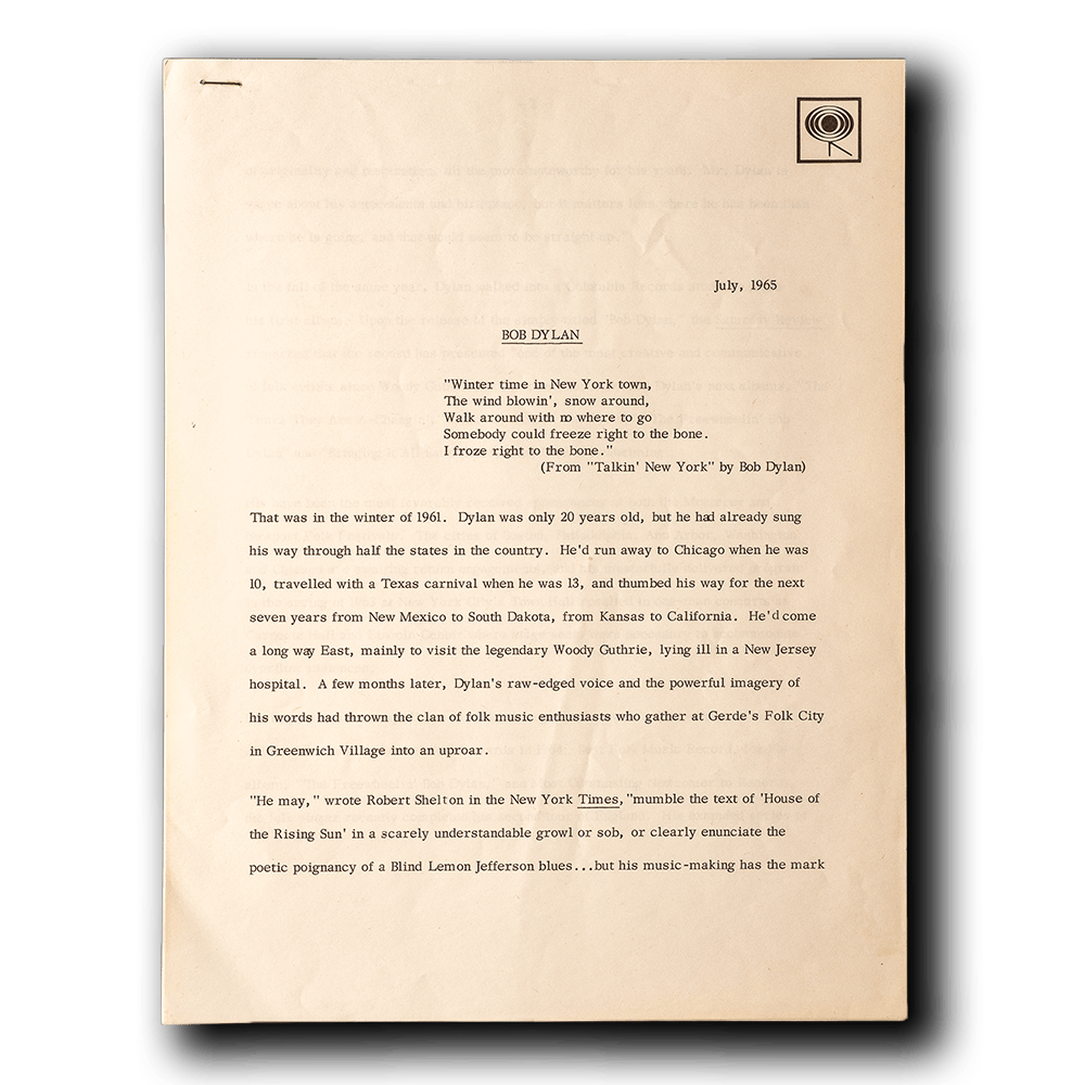 Dylan, Bob -- Columbia Records July, 1965 Press Release [Ephemera Other]