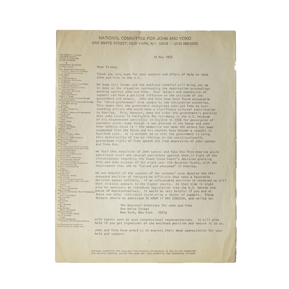 Lennon_Ono -- National Committe Immigration [Miscellaneous Ephemera]